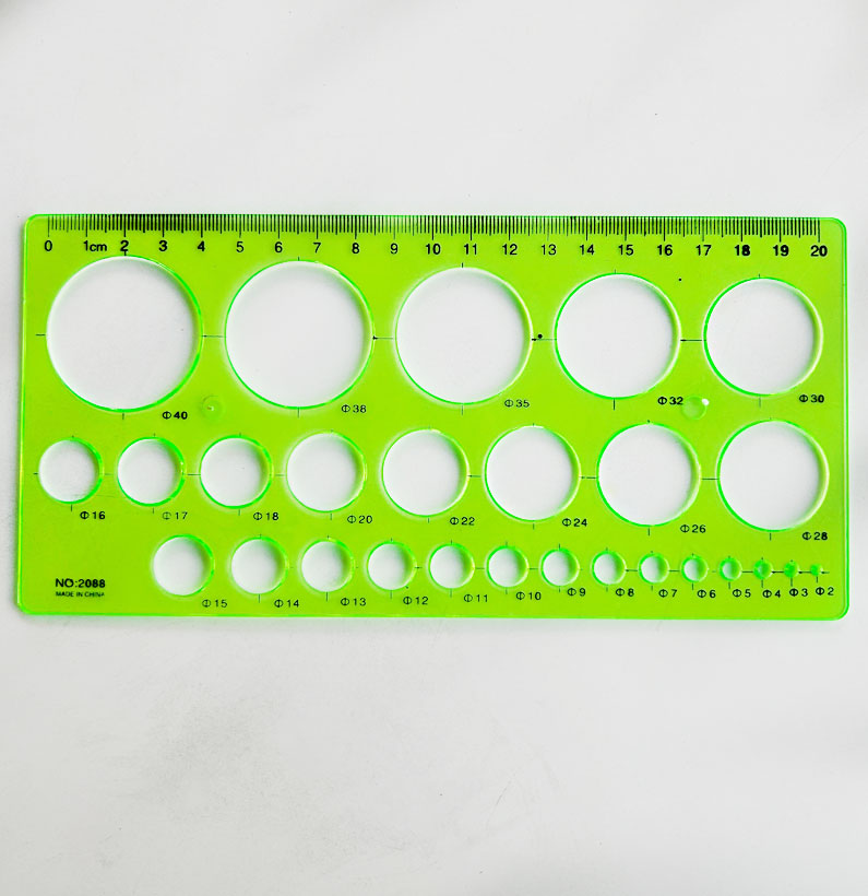 Circle Drawing Template Ruler 20cm with 36 Circular Cutouts on Green Plastic