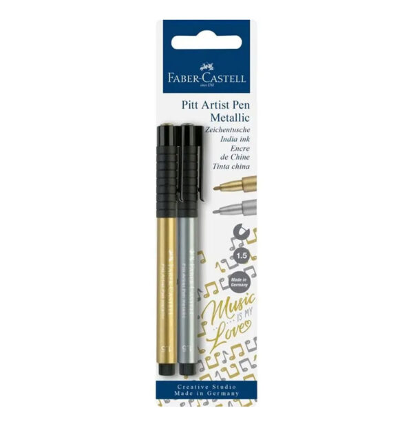 Faber-Castell Pitt Artist Pen Metallic Set – Gold & Silver 1.5 mm Ink Pens in Blister Pack