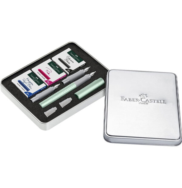 Faber-Castell Calligraphy Set – Pearl Mint Fountain Pen with 3 Nibs and Ink Cartridges (Black, Pink, Blue)