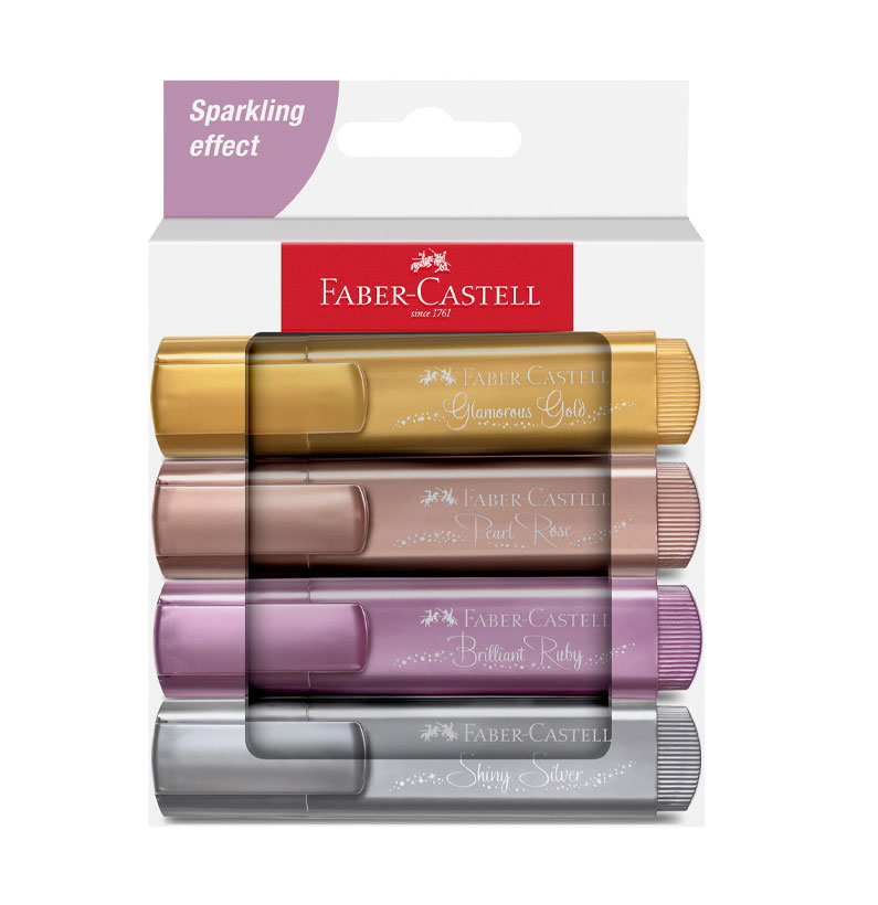Faber-Castell Textliner 46 Metallic Highlighters – 4-Pack in Gold, Silver, Rose, and Ruby with Chisel Tip