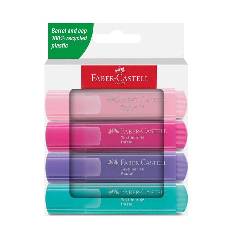 Faber-Castell Textliner 46 Pastel Highlighters – Set of 4 with Chisel Tip in Blush, Lilac, Purple Pink, and Turquoise